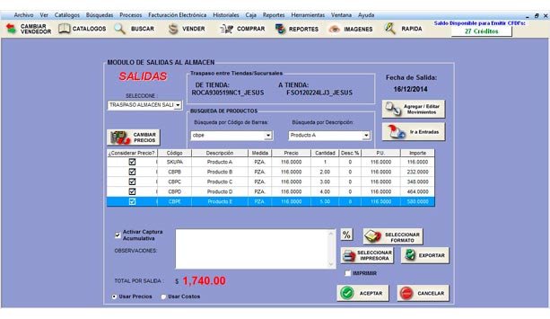 Traspasos de Productos / Conceptos entre Almacenes